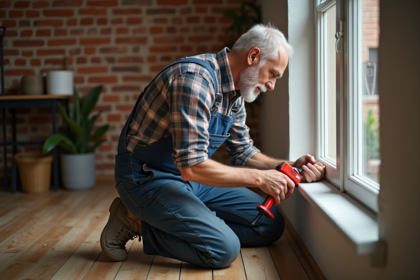 Homme en tenue de travail appliquant du calfeutrage à une fenêtre