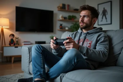 Homme décontracté jouant à un jeu vidéo dans un salon