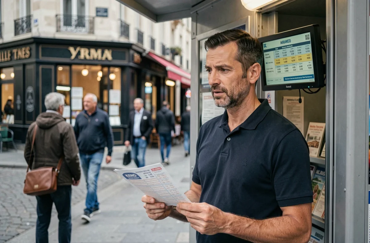 Homme consultant les résultats du tirage Keno dans un kiosque de presse en ville