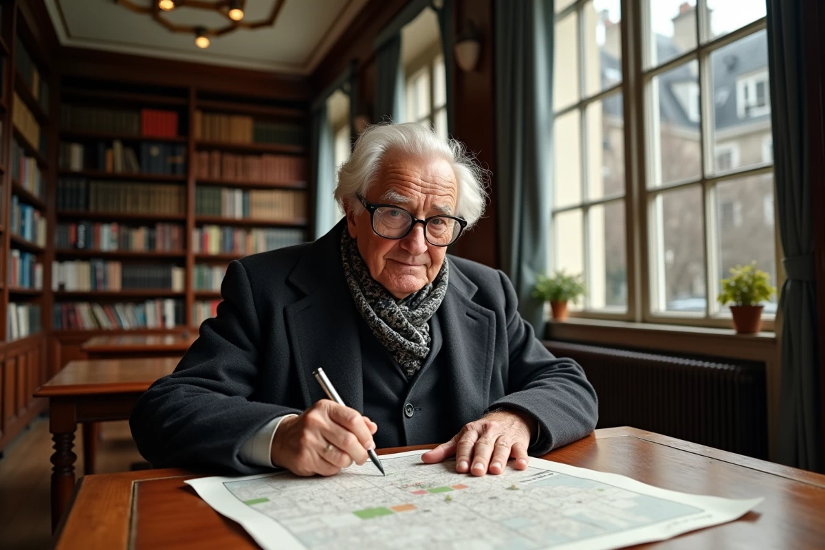 Homme âgé étudiant une carte dans une bibliothèque parisienne