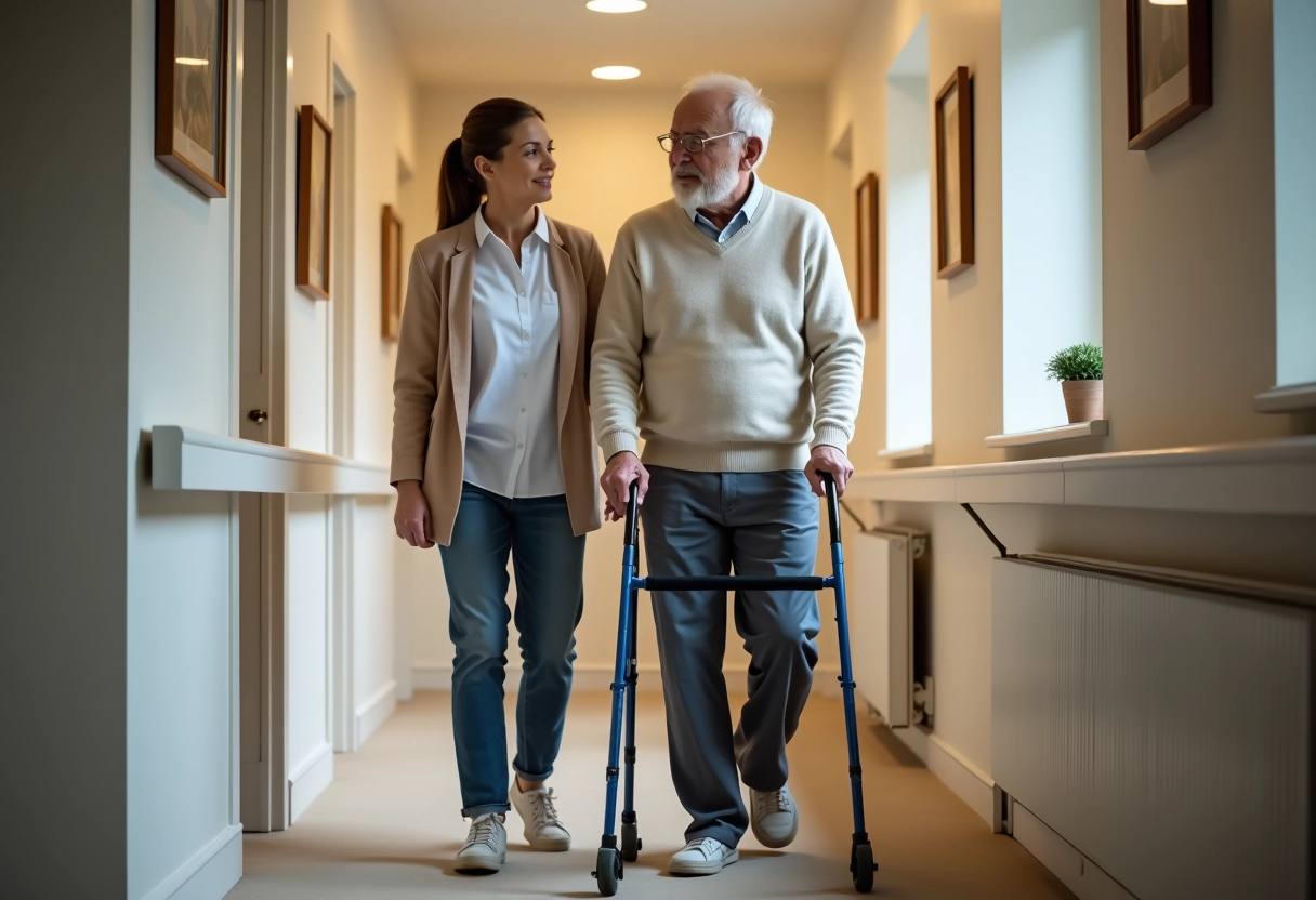 Homme âgé marchant avec un déambulateur dans un couloir