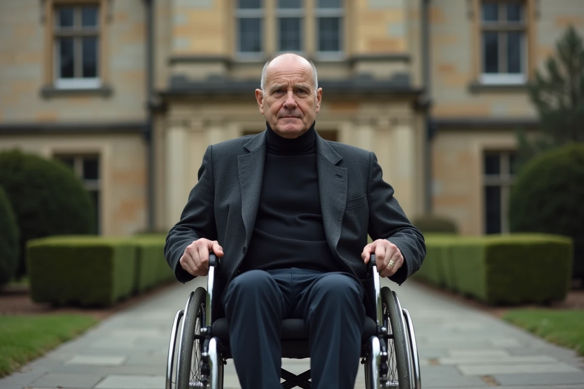 Homme moyen age en fauteuil devant un manoir