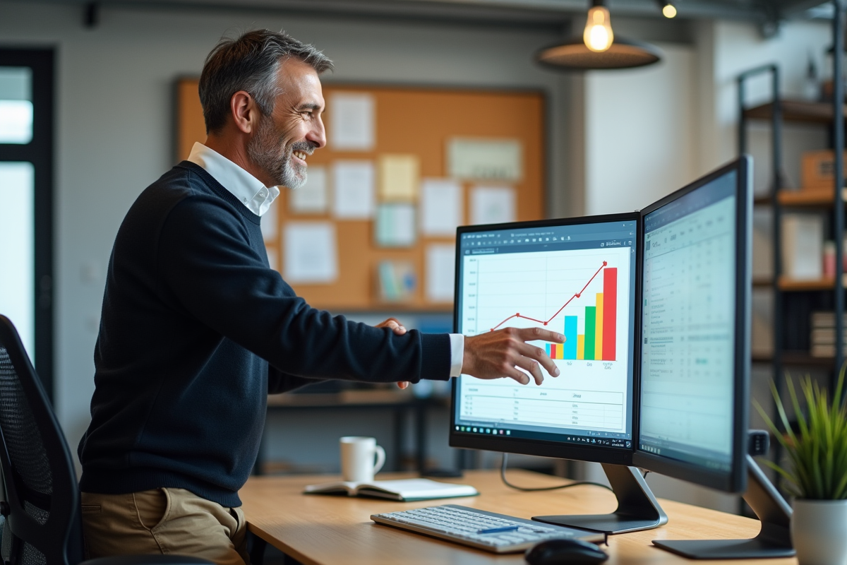 Homme expliquant un tableau Excel coloré dans un bureau moderne
