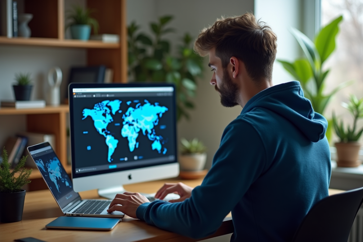Homme en hoodie bleu travaillant sur son ordinateur dans un bureau moderne