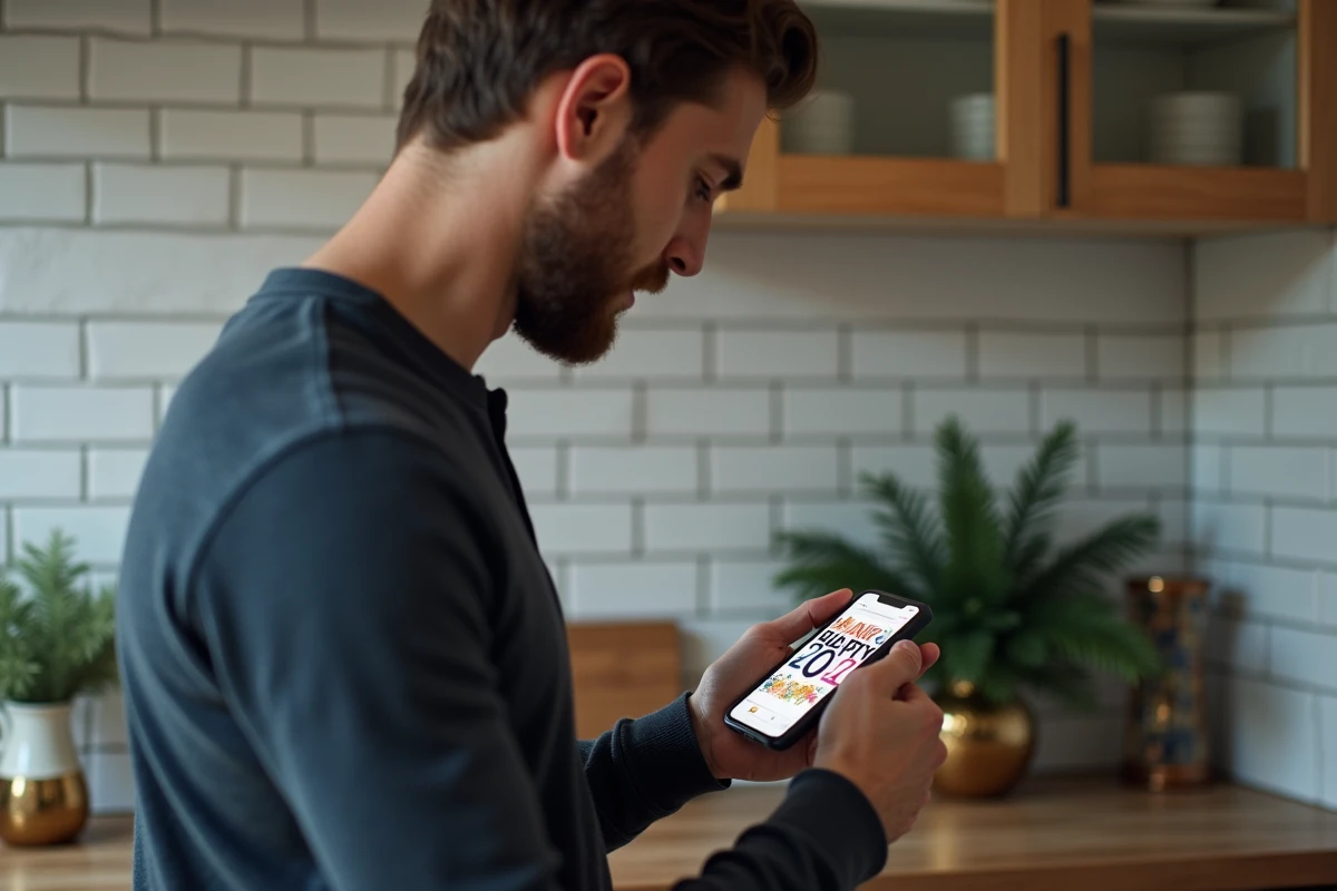 Homme personnalisant un message de Bonne Année 2026 sur son smartphone dans une cuisine décorée pour les fêtes