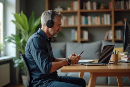 Homme écoutant un podcast dans son salon cosy