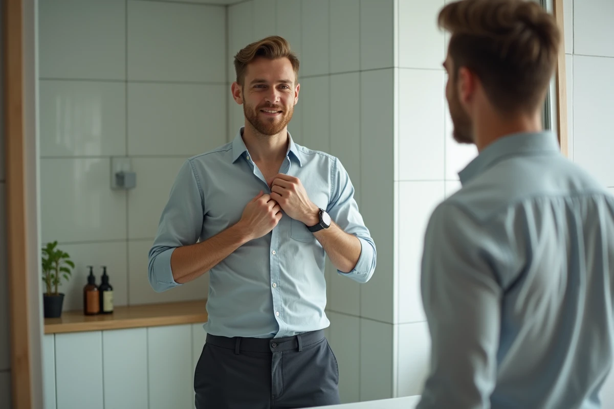 Homme se préparant pour une soirée improvisée devant son miroir de salle de bain