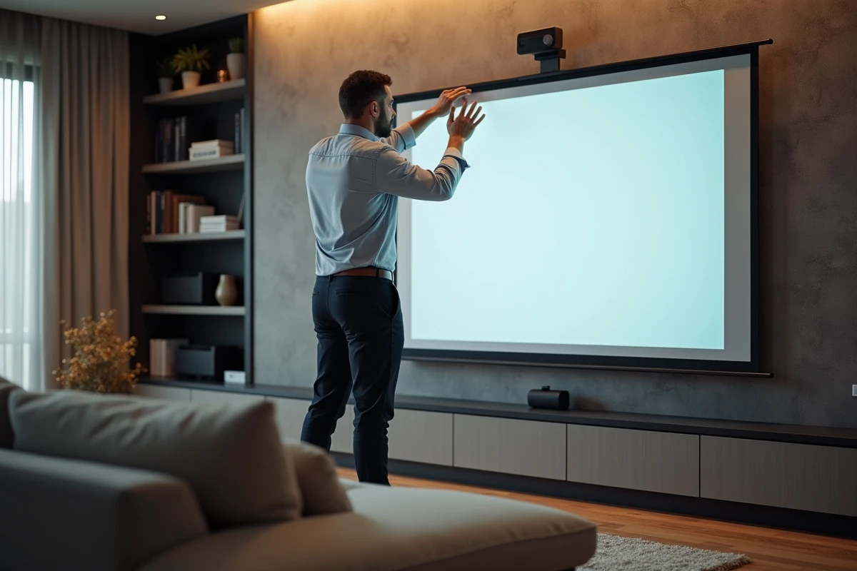 Homme d'âge moyen ajustant un écran de projection dans un salon moderne