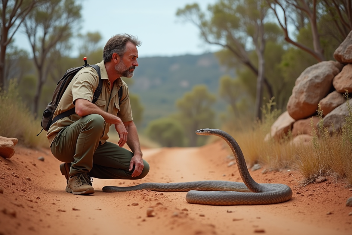 Homme en plein air observant un serpent brun en Australie
