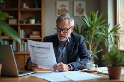 Homme d'âge moyen en costume bleu vérifiant déclaration de revenus