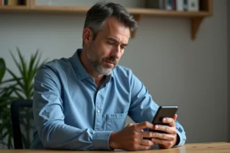 Homme d'âge moyen regardant son smartphone dans un bureau