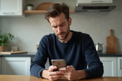 Homme pensif utilisant son smartphone dans la cuisine