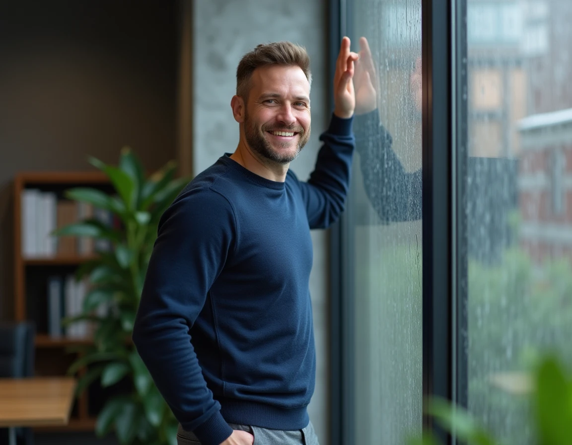 Homme souriant avec confiance devant une fenêtre pluvieuse dans un bureau moderne, symbolisant la persévérance face aux difficultés