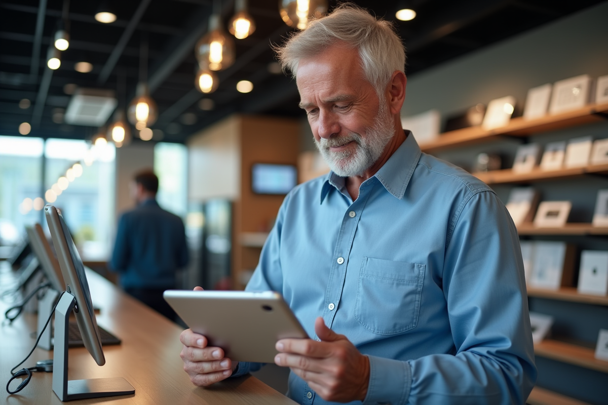 Homme examine une tablette reconditionnee dans un magasin d