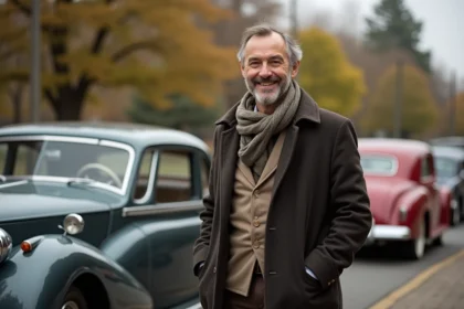 Homme d'âge moyen avec veste en laine vintage et foulard devant une voiture rare