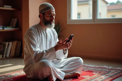 Homme musulman consultant les horaires de prière sur son téléphone à Toulon, assis sur un tapis de prière traditionnel
