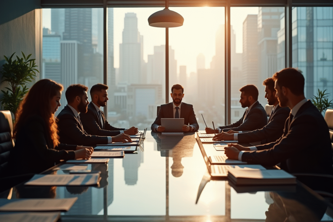 Groupe de professionnels dans un immeuble moderne de gloffice en réunion