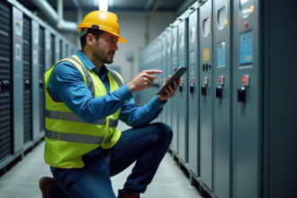 Ingénieur homme en équipement de sécurité examine une batterie industrielle