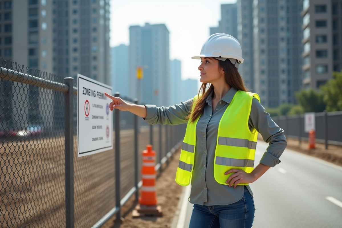 Jeune ingénieure pointant un permis de zonage sur un chantier urbain