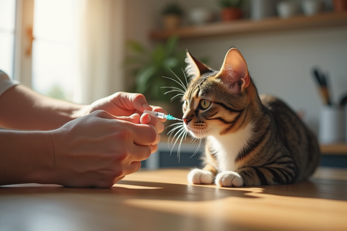 Personne administrant une injection d insuline à un chat calme