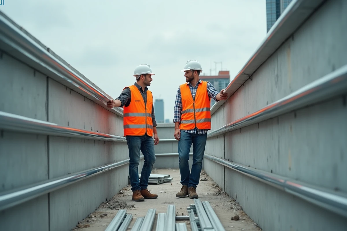 Ouvriers installant des barreaux en aluminium sur un balcon de chantier résidentiel urbain
