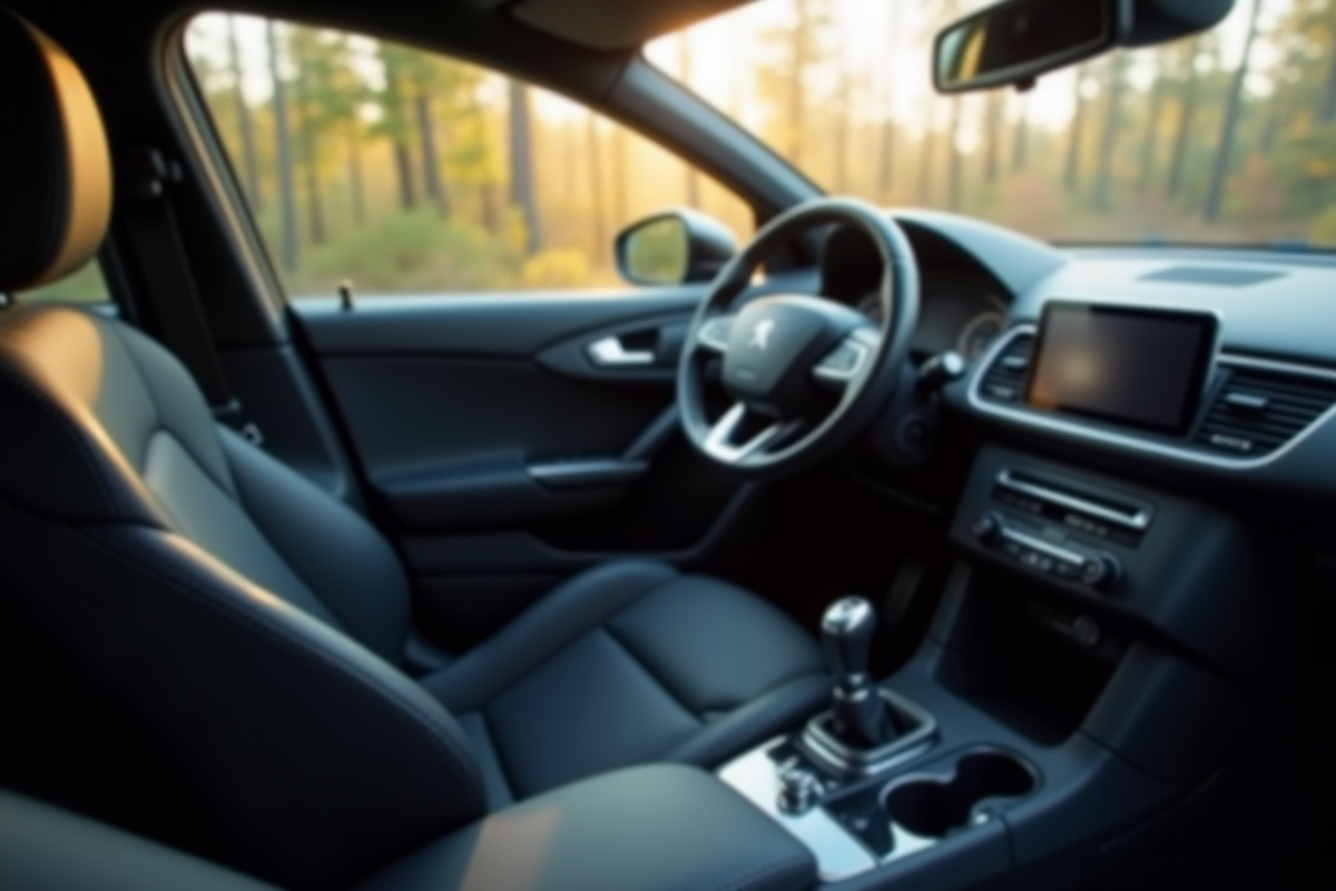 Intérieur de la Peugeot 408 hybride tableau de bord et siège