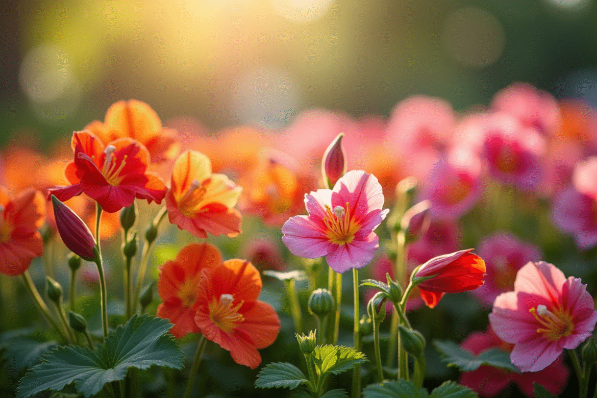 Jardin en fleurs avec begonia baptisia et campanule en plein soleil