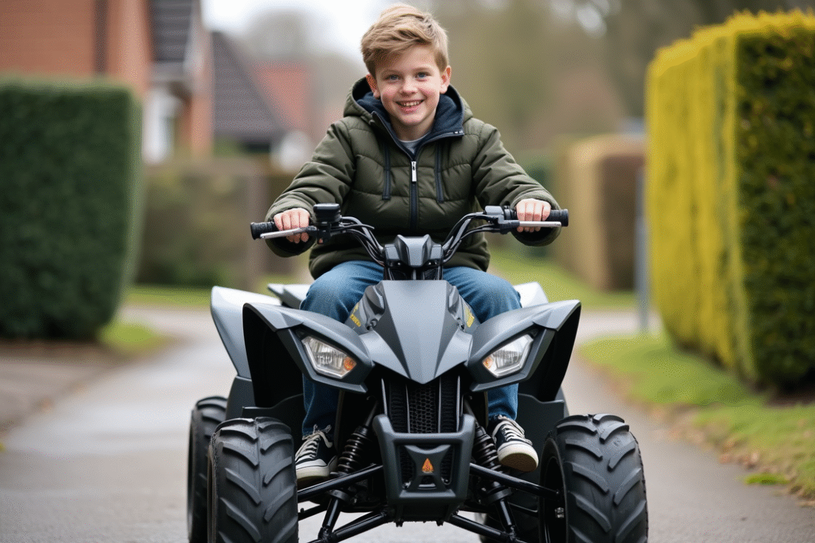 Jeune garçon souriant sur un quad 50cc en extérieur