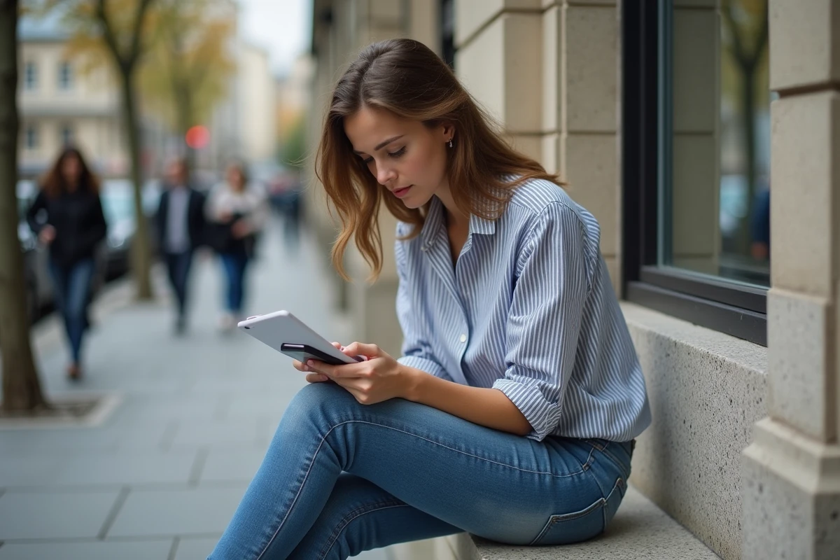 Jeune femme française dehors avec enveloppe en main en attente