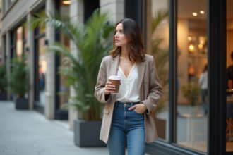 Jeune femme en blazer et jeans dans une ville moderne