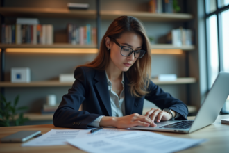 Jeune femme professionnelle travaillant sur un ordinateur dans un bureau moderne