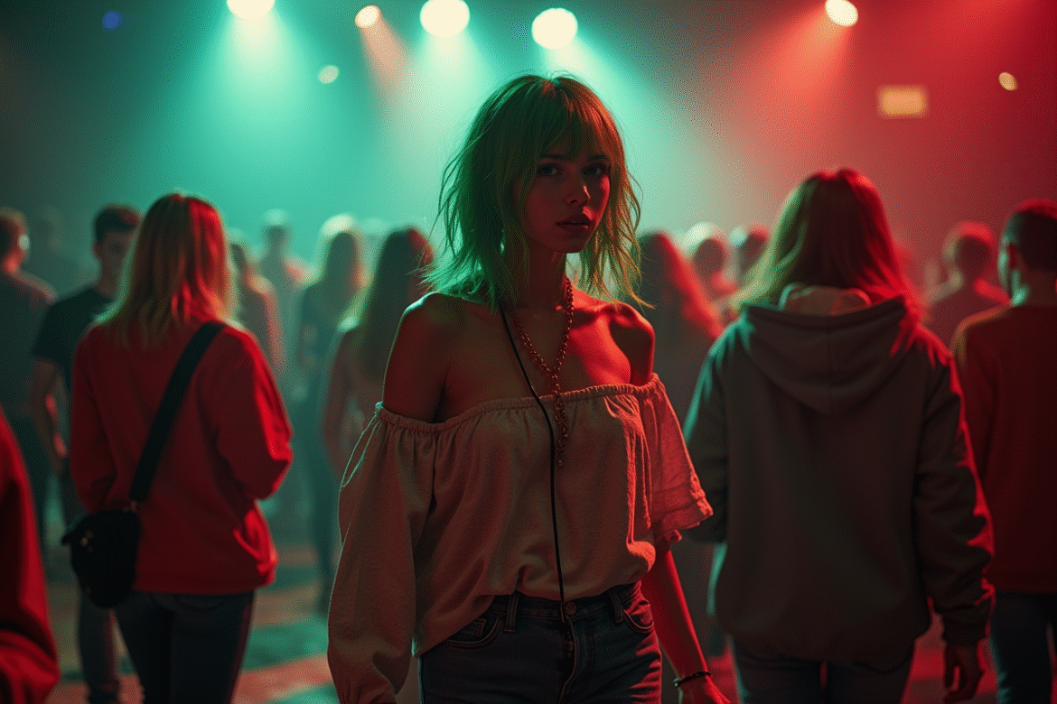 Jeune femme aux cheveux verts marche backstage d'un lieu musical