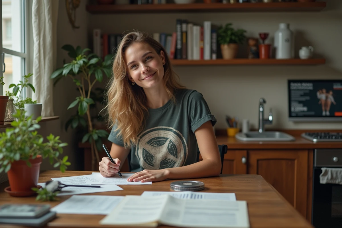 Jeune femme écrivant notes avec films à la maison