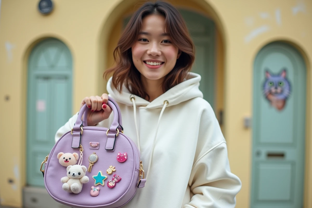 Jeune femme tenant un sac toile kawaii décoré de breloques peluche, porte-clés étoile et pins émail colorés devant un mur urbain pastel