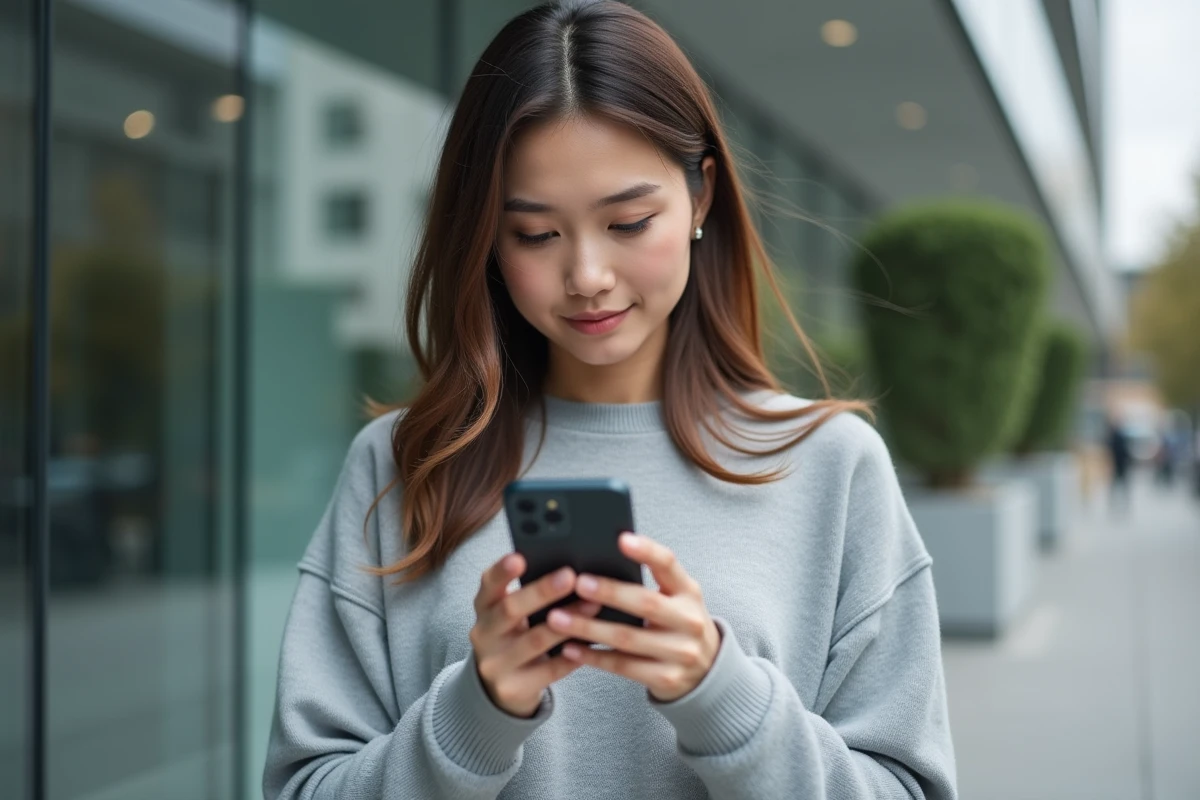 Jeune femme dehors regardant son téléphone avec curiosité