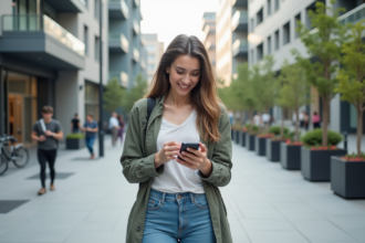Jeune femme en ville regardant son smartphone