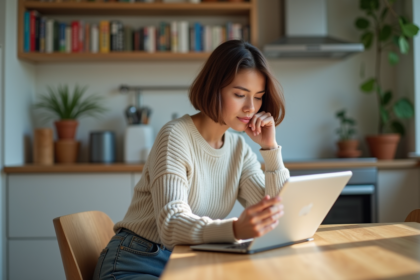 Jeune femme compare deux tablettes reconditionnees dans une cuisine lumineuse