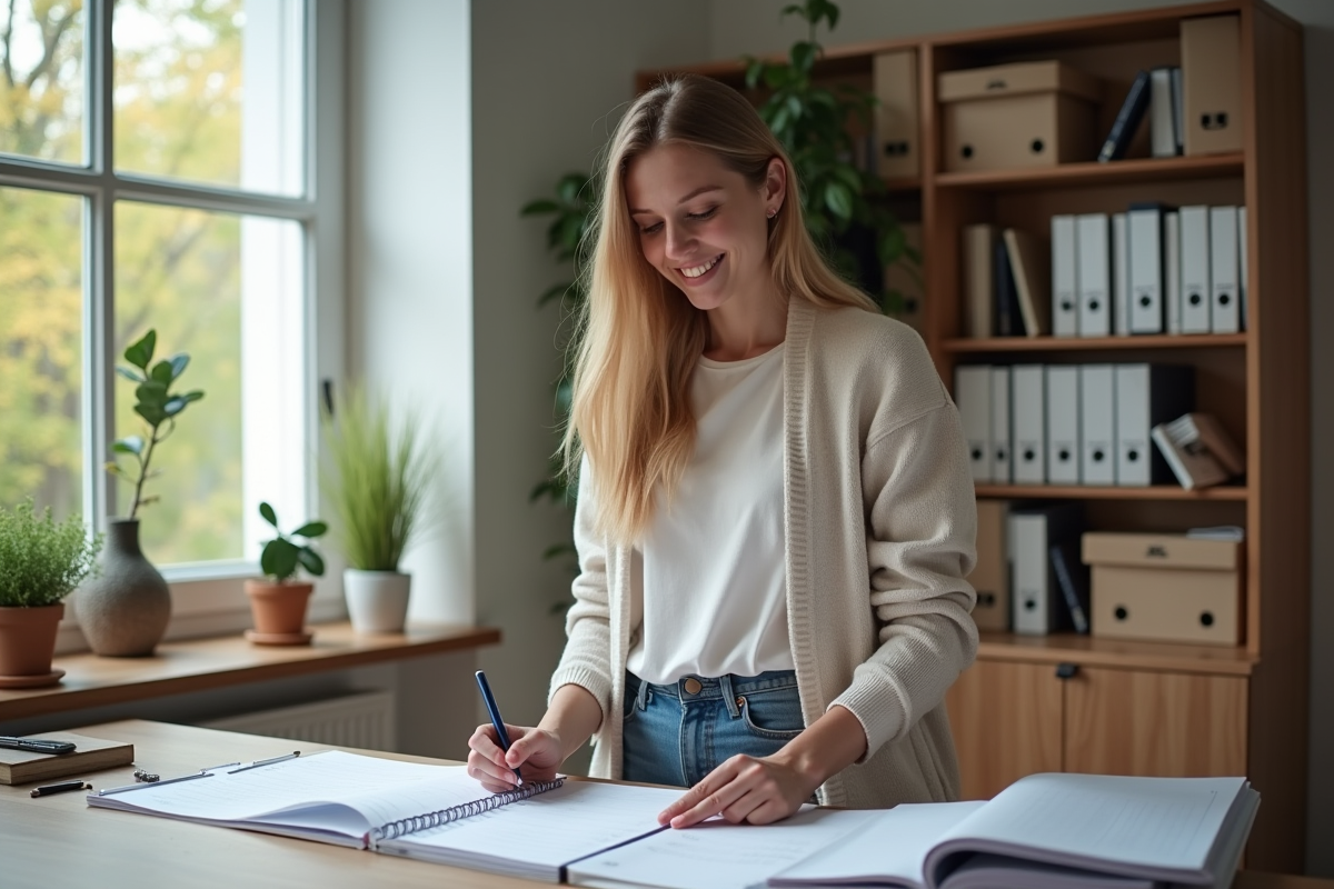 Jeune femme dans un bureau moderne triant des papiers et reçus