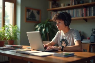 Jeune homme regardant anime sur ordinateur portable