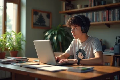 Jeune homme regardant anime sur ordinateur portable