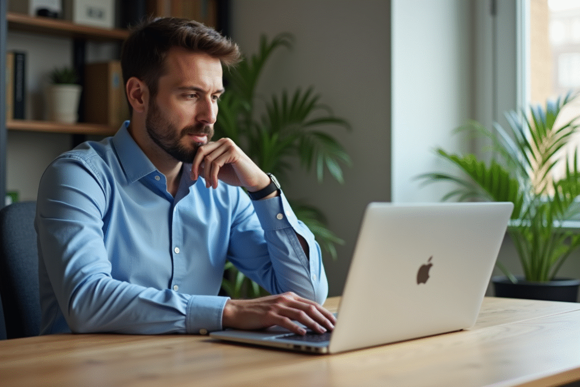 Jeune homme en bureau comparant deux laptops ouverts