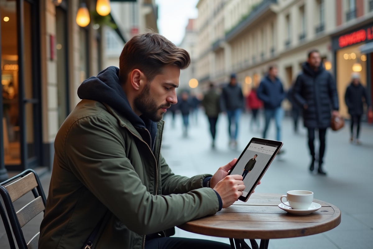 Jeune homme au café naviguant sur une tablette pour shopping