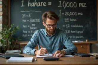 Jeune homme utilisant une calculatrice dans un bureau avec tableau de conversion