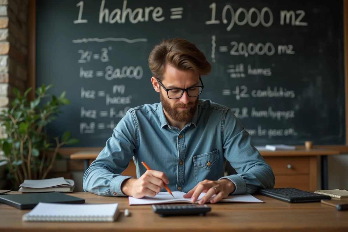 Jeune homme utilisant une calculatrice dans un bureau avec tableau de conversion