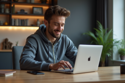 Jeune homme détendu utilisant son ordinateur portable avec VPN