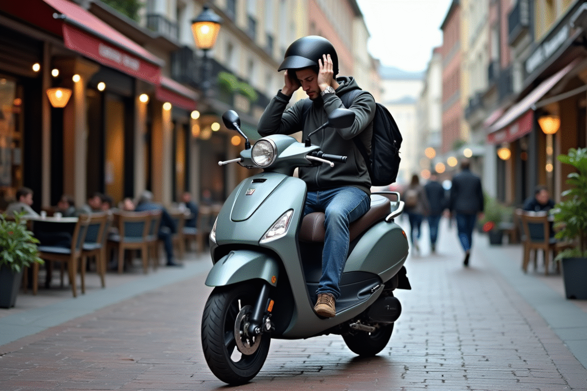 Jeune homme ajustant son casque sur un scooter en ville