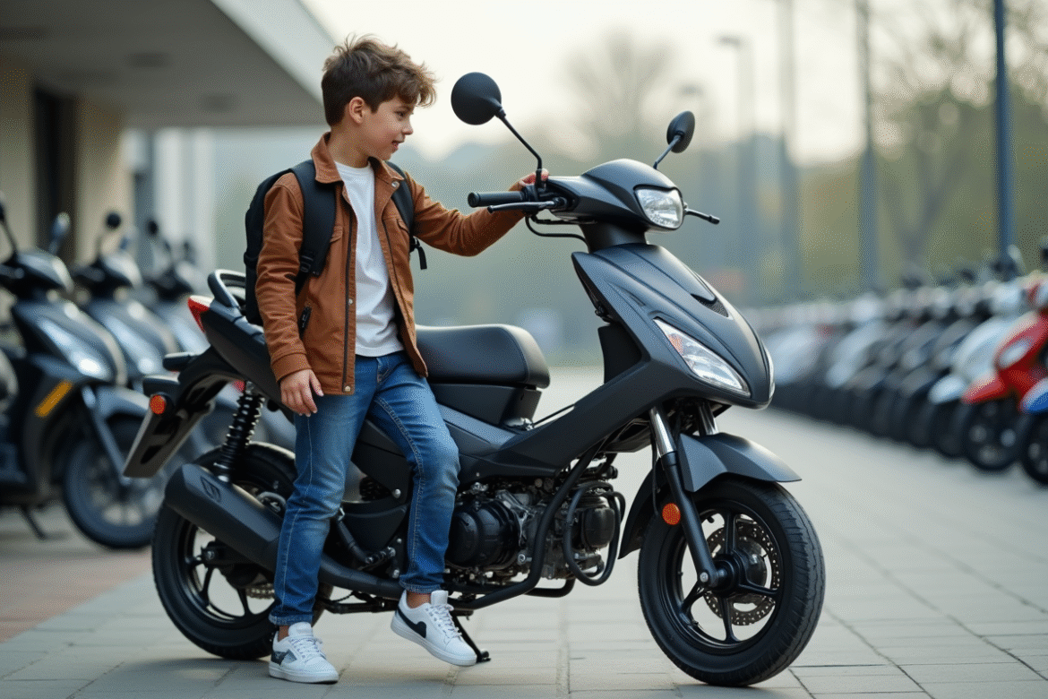 Jeune garçon examinant une moto 50cc en concession