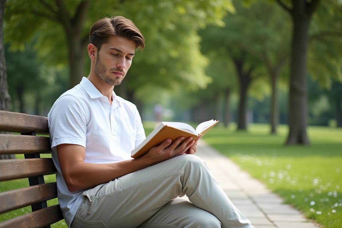 Jeune homme lisant dans un parc en été