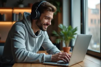 Jeune homme avec casque écoute streaming sur son laptop