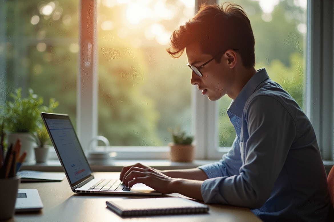 Jeune professionnel utilisant un ordinateur portable sécurisé